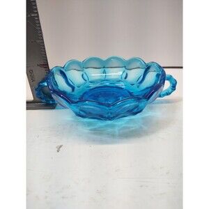 Vintage Depression Glass Blue Scalloped Footed Handled Bowl Dish Starburst